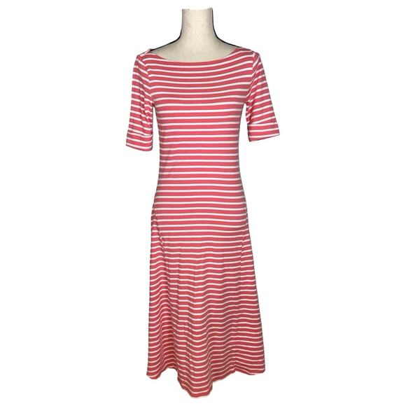 Lauren Ralph Lauren Orange White Stripe Midi T-Shirt Fit & Flare Dress Size: M - Picture 4 of 7